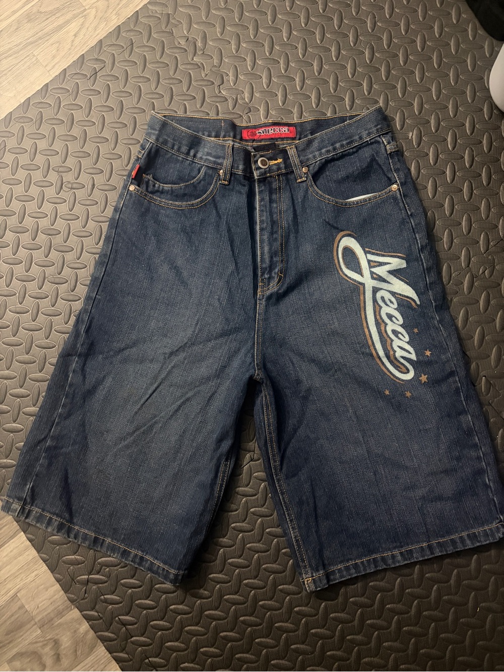 Vintage Mecca Dark Blue Denim Shorts with White Script Logo